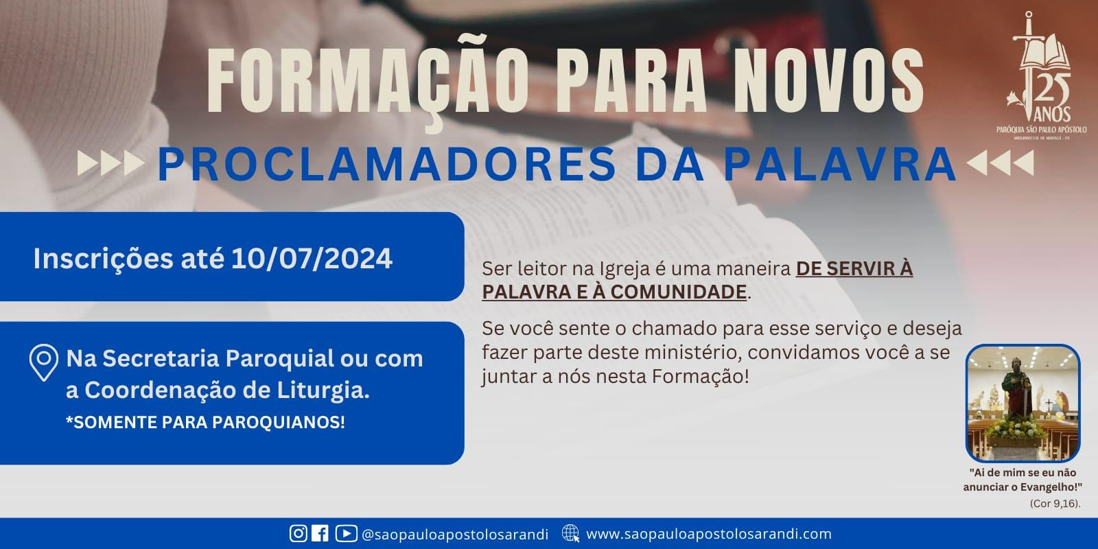 INSCRIÇÕES ABERTAS PARA NOVOS PROCLAMADORES DA PALAVRA