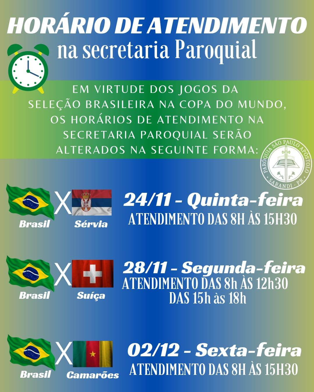 Secretaria paroquial fecha em horários de jogos do Brasil