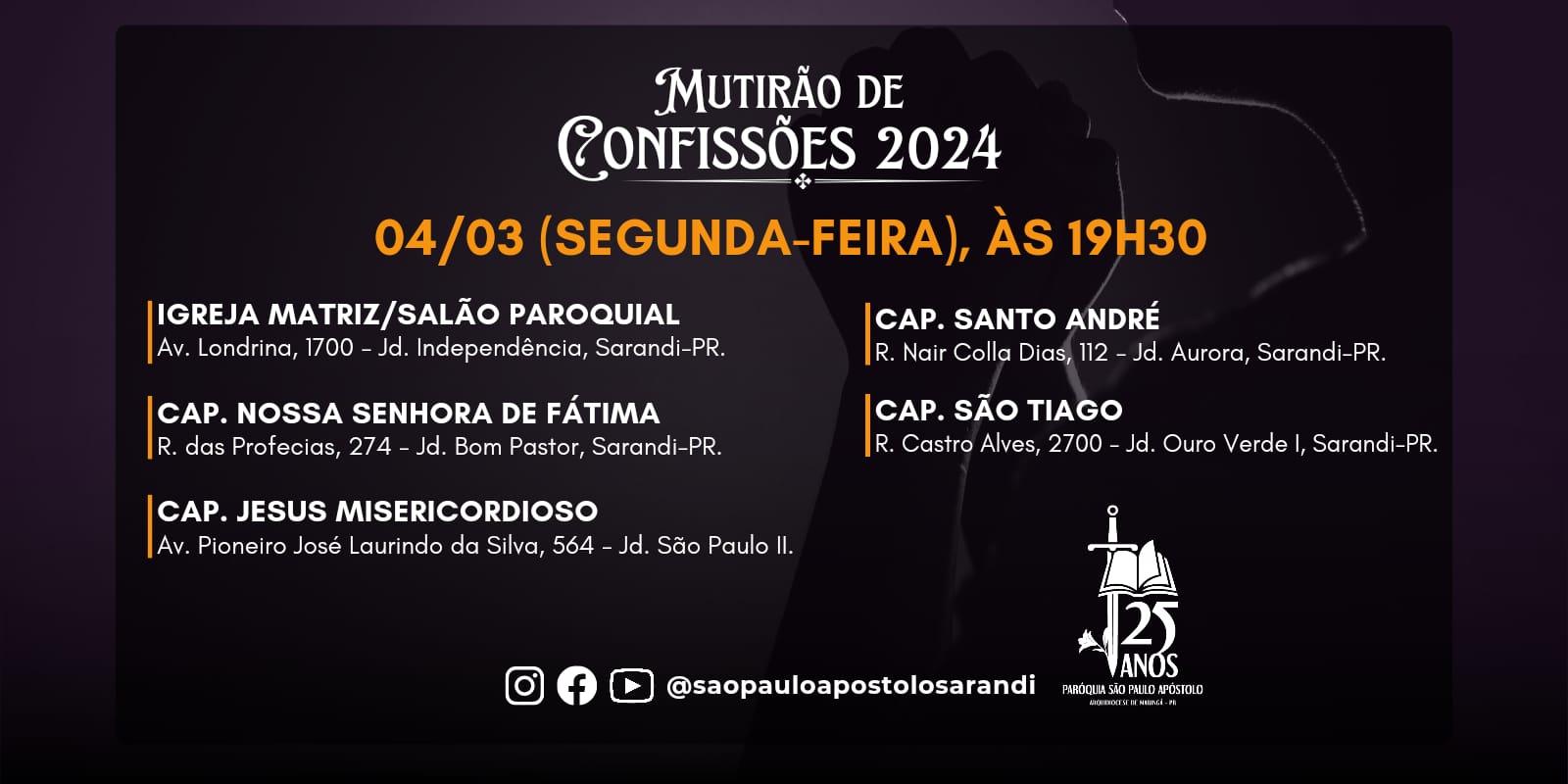 ACESSE DIA, HORÁRIO E LOCAIS DO MUTIRÃO DE CONFISSÕES NA PARÓQUIA