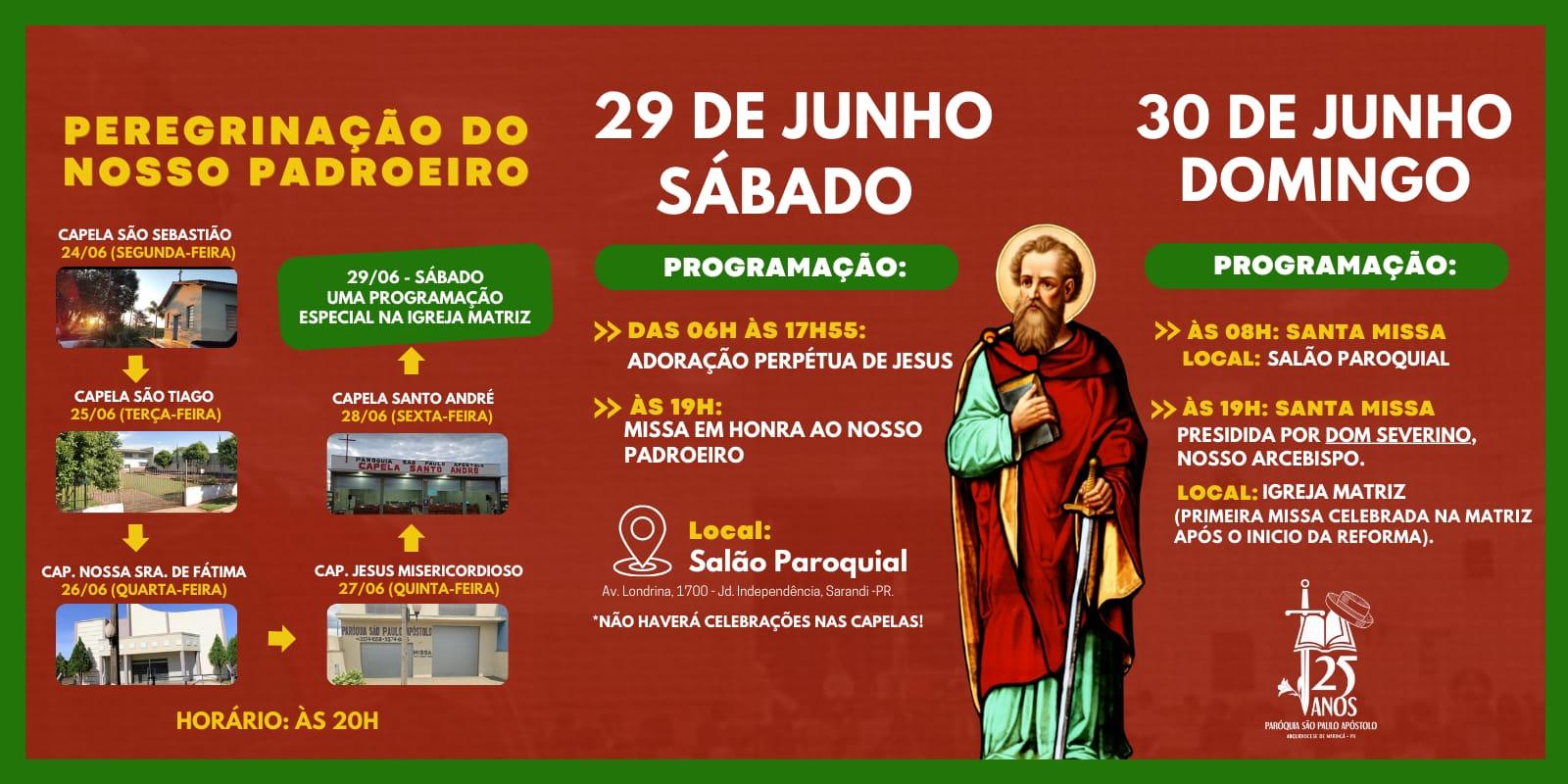 PROGRAMAÇÃO COMPLETA DAS HOMENAGENS A SÃO PAULO APÓSTOLO